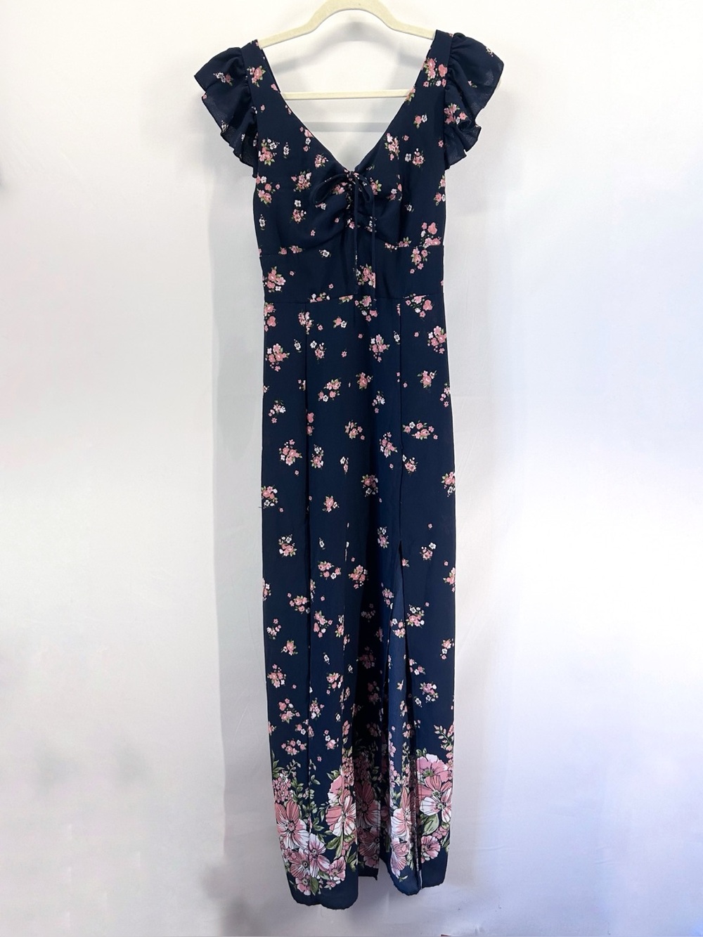 Y2K Teeze Me Navy Blue Floral Maxi Dress Sweetheart Neck Ruffles Made in USA